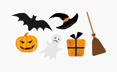 Set of vector icons, illustrations for Halloween.  Broom, bat, magician's hat, ghost, gift, Jack's pumpkin.