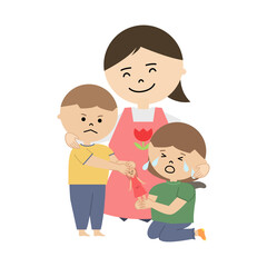喧嘩する子供たちとなだめる保育士のイラスト