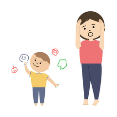 子供の落書きに頭を抱える母親のイラスト