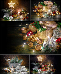 Collage mix set of Christmas holiday decoration with shining star, fir, snow, balls and vintage...