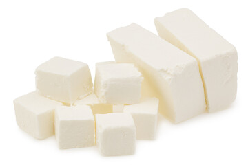 Slices feta cheese isolated on white background. Clipping path and full depth of field