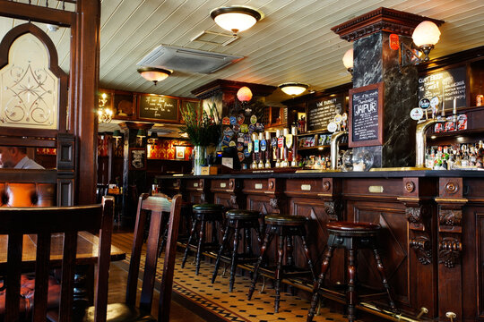 Inside view of a English public house, known as pub. .