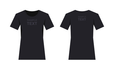 Women's black t-shirt design template, from two sides. Front and back sides