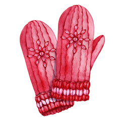 Winter or autumn red knitted mittens. Hand drawn closeup watercolor illustration. Design of a business card for a needlewoman, knitted knitted goods, products, icon, logo, tag.