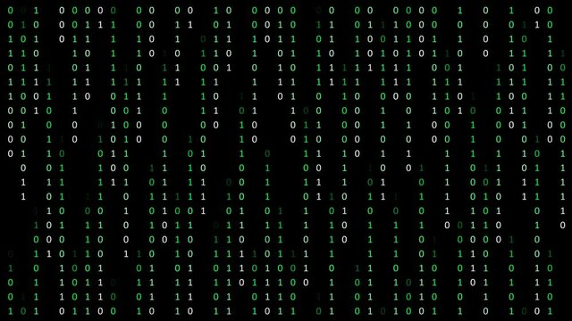 Binary code matrix background with digits moving on screen. Algorithm binary, data code, decryption and encoding, row matrix seamless loop abstract background.