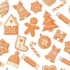 Christmas seamless pattern with gingerbread cookies. Design for Christmas and New Year decoration, wrapping paper, print, fabric or textile. Vector illustration.