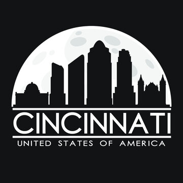 Cincinnati Full Moon Night Skyline Silhouette Design City Vector Art.