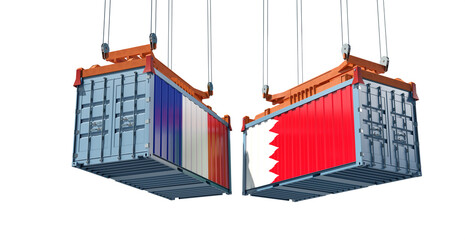 Freight containers with France and Bahrain flag. 3D Rendering 