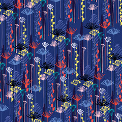 Seamless pattern with hand drawn Apiaceae flowering plants on dark blue background for surface design and other design projects