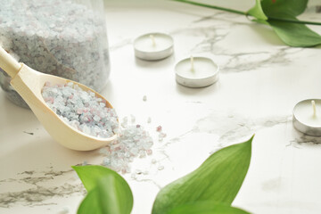 Spa accessories to help relax the body, bath salts, aromatherapy. The concept of skin care.