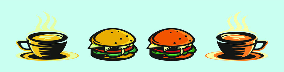 set of burger and coffee cartoon icon design template with various models. vector illustration isolated on blue background