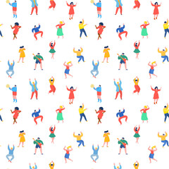 Dancing people funny cartoon style. Men and women in free movement poses. Flat design.