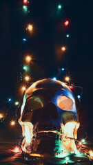 Human skull lit by colorful lights