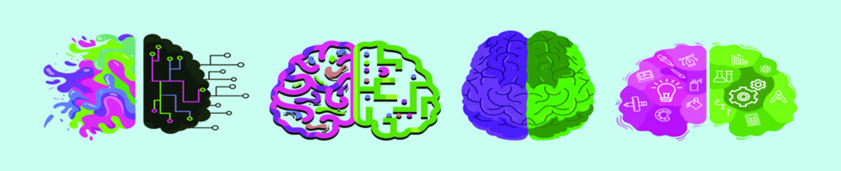 set of human brain creativity concept cartoon icon design template with various models. vector illustration isolated on blue background