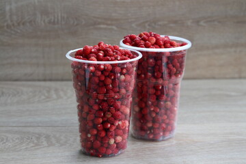Wild strawberries grow in the forest. Forest red berry grows in the grass.