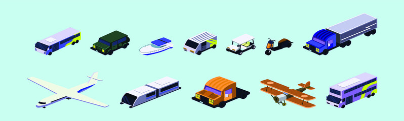 set of isometric transportation cartoon icon design template with various models. vector illustration isolated on blue background
