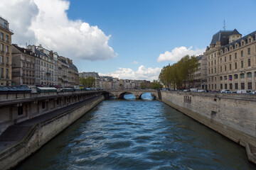 Wide river and riverbank in a European city