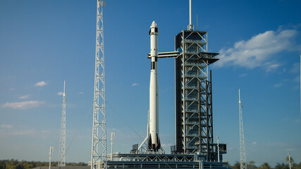 Launch Pad Complex: Shot of Prepared for a Launch Space Rocket with Crew. Concept of Space Exploration Mission, Humanity in Space, Conquering Universe.