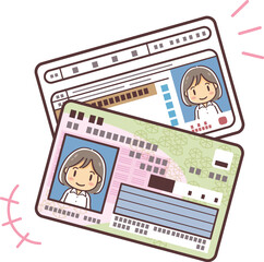 顔写真つき身分証明書のセットのイラスト（マイナンバーカード・運転免許証・女性）