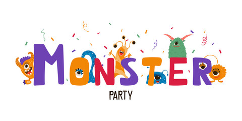 Cute kids banner with monsters in cartoon style. Party invitation template with funny characters. Greeting card for a holiday, birthday. Vector illustration