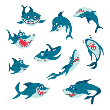 Seamless pattern with Sharks in cartoon style. Comic sharks emotions. Background with funny sea colors for children's room design, clothing, textiles, Wallpaper, digital paper. Vector illustration