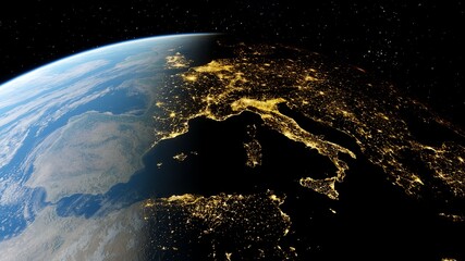 realistic night Italy from space, Venice from space, night Sicily from space, central Europe at night, night Rome from satellite 3D render	