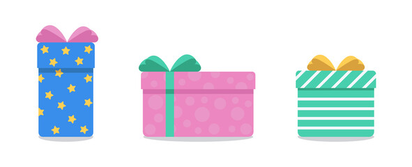 Vector set of holiday boxes with ribbons. Isolated flat presents with patterns on white background. Colorful gifts for design, cards, marketing projects