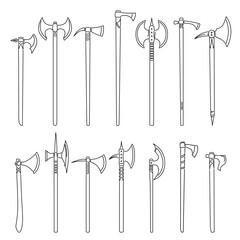 Set of simple vector images of medieval axes and hatchets drawn in art line style.