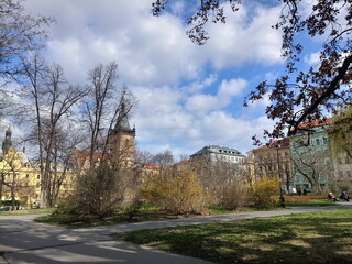 Beautiful park in Prague. church in autumn