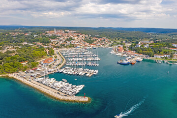 Fototapeta na wymiar Aerial panoramic drone picture of Vrsar harbour in Croatia with turquoise water during daytime