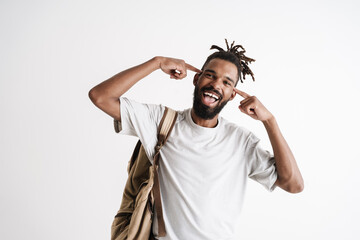 Photo of excited african american guy pointing fingers at his head