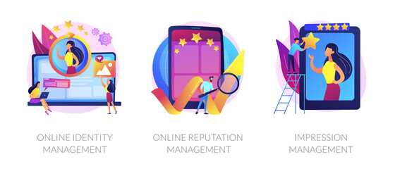 Web presence establishment, crm software, self presentation. Online identity management, online reputation management, impression management metaphors. Vector isolated concept metaphor illustrations