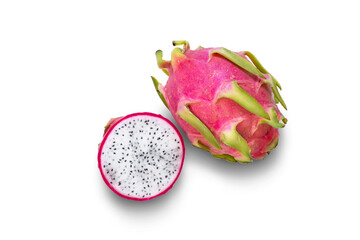 Top view of dragon fruit and sliced piece on white backgroud