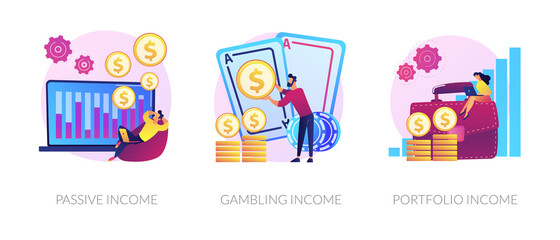 Fototapeta premium Money earning flat icons set. Business investment, profit increase, revenue growth. Passive income, gambling income, portfolio income metaphors. Vector isolated concept metaphor illustrations.