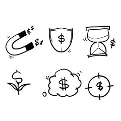hand drawn Simple Set of Business and money Related Vector Line Icons. with doodle style