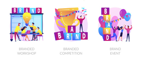 Marketing strategies for company promotion. Marketplace leadership achievement. Branded workshop, branded competition, brand event metaphors. Vector isolated concept metaphor illustrations