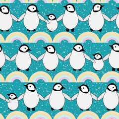 Obraz premium Cute Kawaii penguin baby vector seamless pattern background. Rows of adorable cartoon emperor chicks with rainbows on snowflake aqua blue backdrop. Hand drawn winter geometric all over print.
