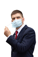 The business happy businessman removes the medical mask. isolated on a white background close-up.