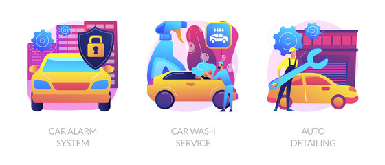 Fototapeta na wymiar Automobile care service abstract concept vector illustration set. Car alarm system, car wash service, auto detailing, anti-theft, automatic wash, full service, vehicle detailing abstract metaphor.