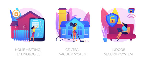 Home technologies abstract concept vector illustration set. Home heating, central vacuum system, indoor security, smart house appliance automation, mobile application, household abstract metaphor.