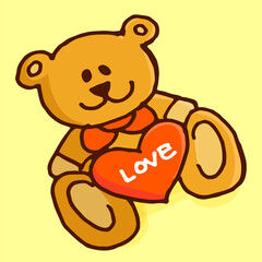 Vector illustration of cute teddy bear with heart isolated on yellow background. hand drawn vector. doodle doll. modern scribble for kids, sticker, clip art, wallpaper. cartoon style. simple sketching