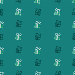 seamless pattern with gift box isolated on green background. hand drawn vector. doodle christmas. modern scribble for kids, wallpaper, wrapping, paper, fabric, greeting and invitation card. cartoon. 