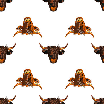 Head bull or cow hand drawn paintbrush isolated seamless pattern on white background. Vector