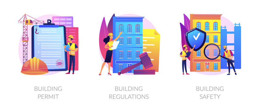 Construction business abstract concept vector illustration set. Building permit regulations and safety, contractor service, construction site, engineering project, application form abstract metaphor.