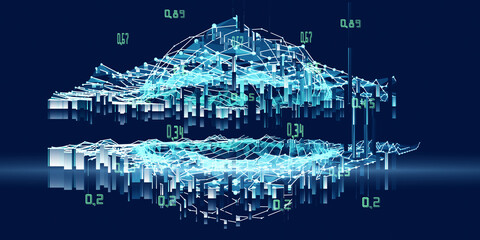 3D illustration polygonal background artificial intelligence sphere on grid data.  Analytics algorithms banner for science, technology and business. Data science. Big data. Quantum computing concept .
