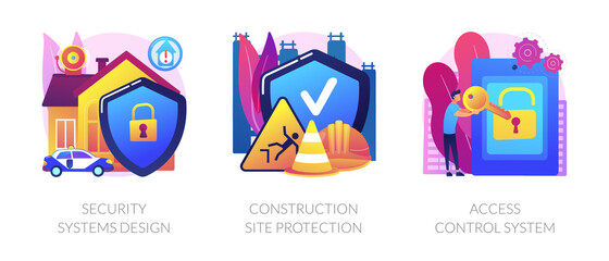 Construction security services abstract concept vector illustration set. Security systems design, construction site protection, authorized access control system, video surveillance abstract metaphor.