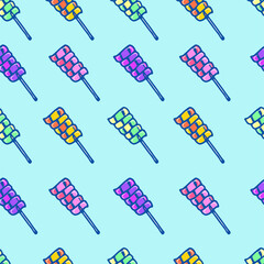 seamless pattern with colorful candy on stick isolated on blue background. hand drawn vector. doodle food, sweet dessert. modern scribble for kids, wallpaper, cover, fabric, wrapping paper and gift. 