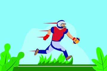American football vector concept: Male american football player running fast while carrying the ball at field