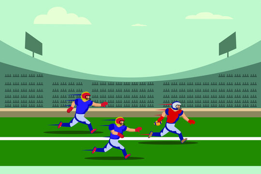 American football vector concept: American football player running in stadium chased by his rival player