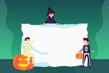 Halloween vector concept: Teenagers wearing scary halloween costume with blank poster and pumpkin